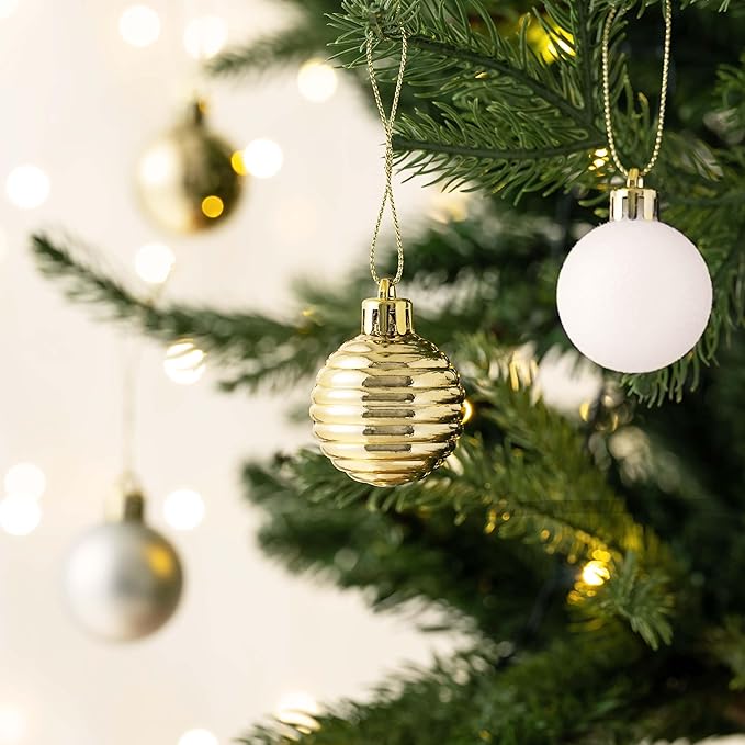 Valery Madelyn 1.57 Inches Small Christmas Tree Decorations Ornament Set for 4th of July Fall Halloween, 24ct White and Gold Shatterproof Hanging Ball Ornaments Holiday Party Decor