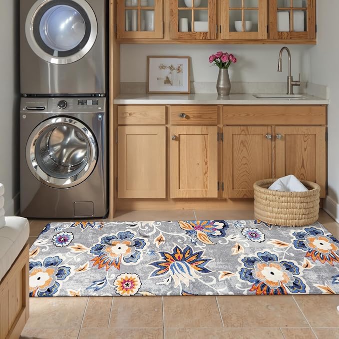 Lahome Floral Hallway Runner - 2x6 Washable Non-Slip Kitchen Runner Rug, Throw Lightweight Soft Bathroom Runner Rug Grey Paisley Print Indoor Carpet Runner for Entrance Bedroom Laundry Living Room