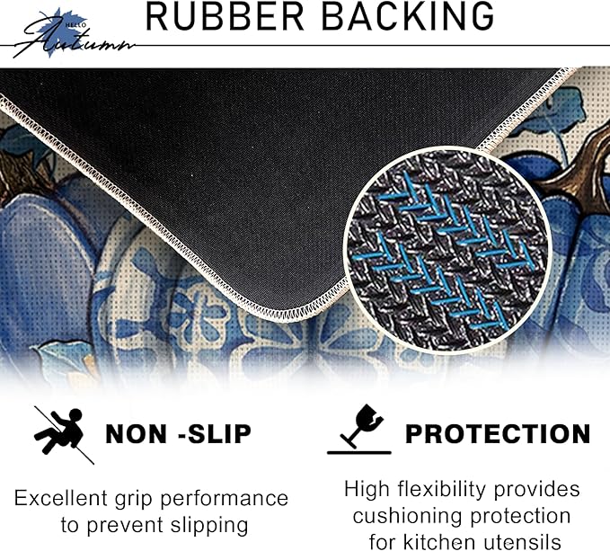 Fall Blue and White Porcelain Pumpkin Kitchen Rugs Set of 2, Autumn Sunflower Kitchen Mats Decor, Thanksgiving Seasonal Floor Door Mat Home Decorations - 17x29 and 17x47 Inch