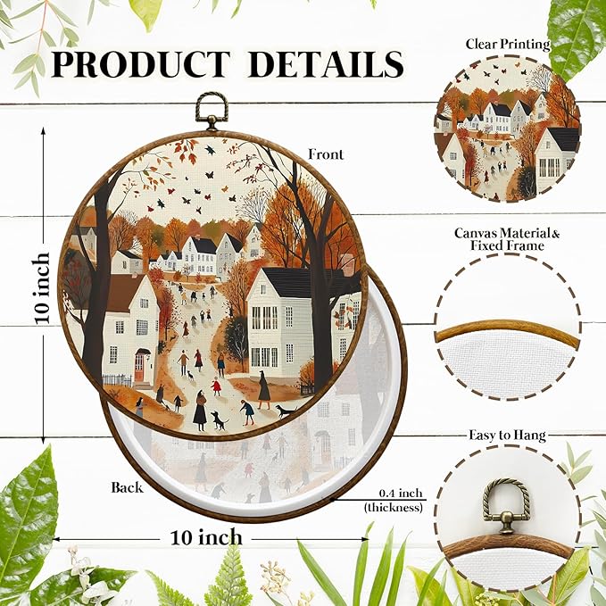 JUIOEIU Fall Round Wall Decor, Cozy Autumn Cityscape Seasonal Framed Canvas Prints, Fall Wall Art Hanging Decorations for Home Bedroom Living Room Office Decor, 10x10in