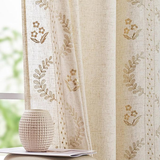 jinchan Belrose Linen Curtains for Bedroom Floral Curtains 63 Inch Length Linen Blend Beige Embroidered Drapes Farmhouse Flower Patterned Drapes for Living Room Window Treatments Set 2 Panels