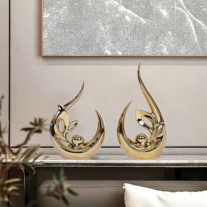 2 PCS Gold Decor Accents Mid Century Modern Decor Golden Living Room Decor Ceramic Sculpture Centerpiece Table Decorations Centerpieces for Tables Kitchen Shelf Bookshelf Office Dining Table Decor