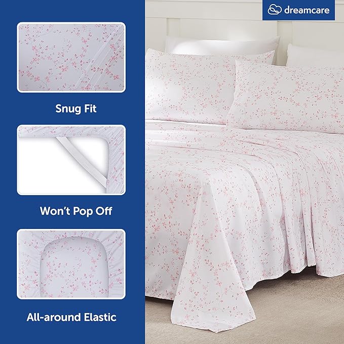DREAMCARE Twin Sheets - Cooling Bed Sheets - Twin Sheet Set - Soft & Long Lasting 100% Fine Brushed Floral Blossom Sheets
