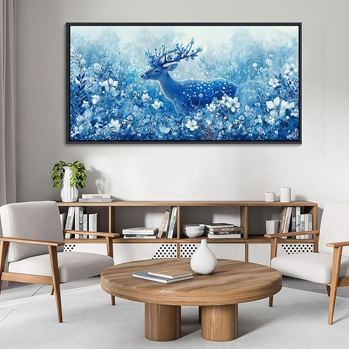 JEAWA Framed Canvas Wall Art - Extra Larte Spring Landscape Flower Wall Painting with Reindeer in Forest 24x48 IN Wildlife Deer Picture Wall Decor for Living Room Bedroom Kitchen Office Bathroom