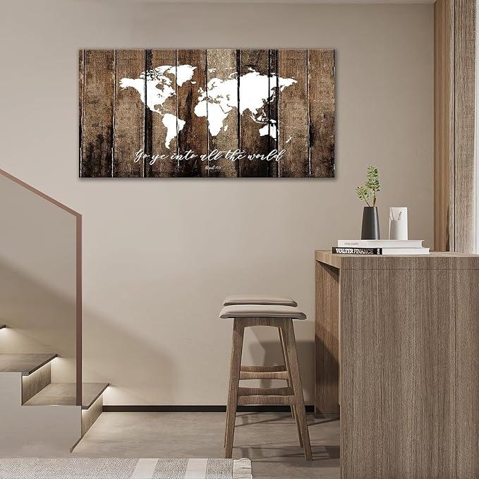 Large World Map Wall Art Rustic World Map Pictures Wall Decor Go Ye Into All The World And Preach The Gospel Canvas Painting Print Home Artwork Framed for Living Room Bathroom Master Bedroom 60"x30"