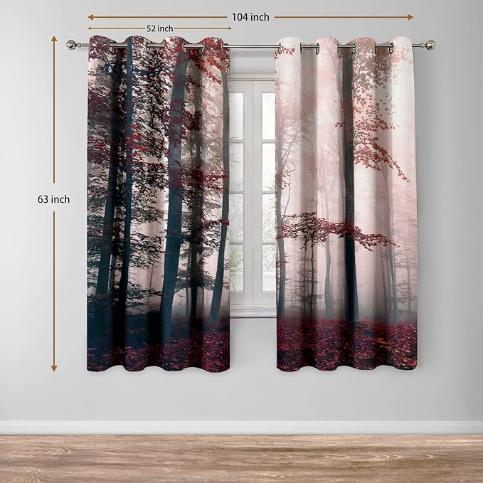 Jekeno Fall Tree Forest Blackout Curtains Autumn Tree Orange Leaves Foggy Forest Fall Nature Scenery Wood Room Decor for Bedroom Living Room Grommet Window Drapes 2 Panel Set, 52"x63"