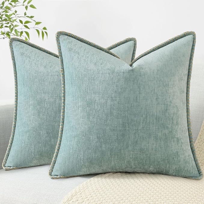 decorUhome Chenille Soft Throw Pillow Covers 26x26 Set of 2, Farmhouse Velvet Neutral Decorative Euro Pillow Covers with Stitched Edge for Couch Sofa Bed Home Decor, Aqua Haze