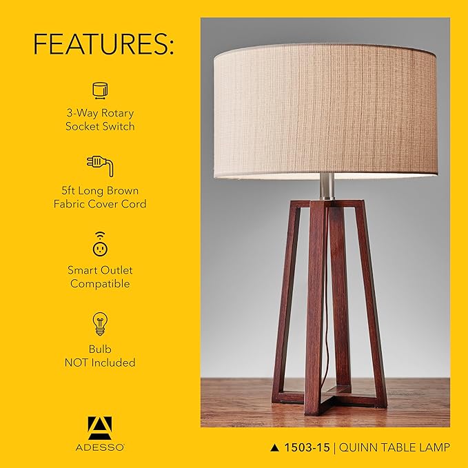 Adesso Quinn Table Lamp - Walnut Birch Wood & Natural Linen Shade – Perfect Nightstand, End Table, and Desk Lamp
