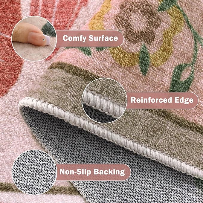 Beeiva Beige Area Rug 5x7, Soft Floral Room Rugs for Bedroom Non Slip, Ultra-Thin Low Pile Floor Flower Carpet for Classroom Nursery Girl Room Décor (Beige,5'x7')