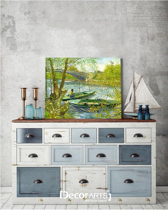 DECORARTS - Fishermen And Boats From The Pont De Clichy, Vincent Van Gogh Art Reproduction. Giclee Canvas Prints Wall Art for Home Decor 20x16