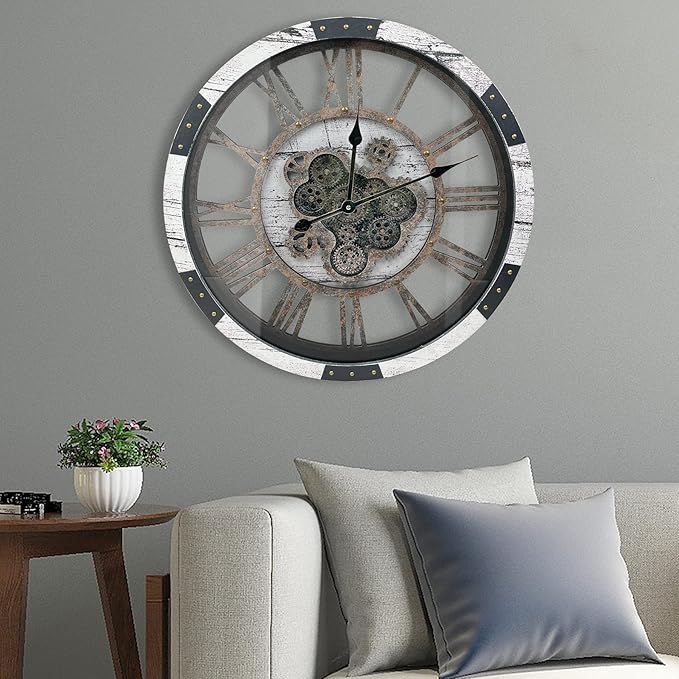 DORBOKER 24" Large Wall Clock with Moving Gears,Oversize Vintage Industrial Rustic Farmhouse Clocks for Living Room Decor Office Home,Solid Wood HD Tempered Glass Cover,White Grey