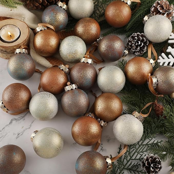 24 Pcs Neutral Textured Christmas Ball Ornaments 2.36'' Vintage Christmas Tree Decor Modern Rustic Brown Ornaments with Loop Shatterproof Hanging Ball for Xmas Farmhouse Decor (Earth Color)