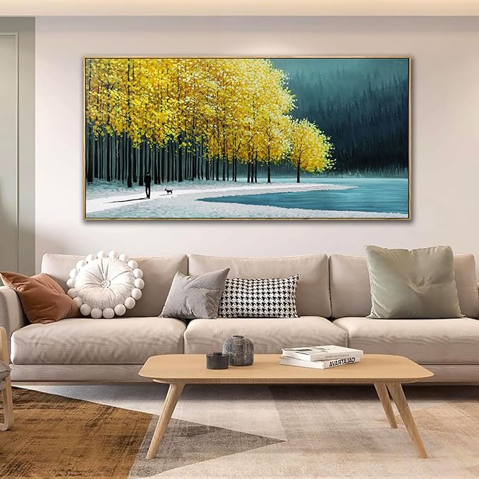 KLAKLA Large Wall Art - Yellow Bedroom Birch Tree Valley Snowy Forest Wild Lakes Landscape Canvas Pictures Wall Decoration for Living Room Office Home Decor - 58x29 Inches