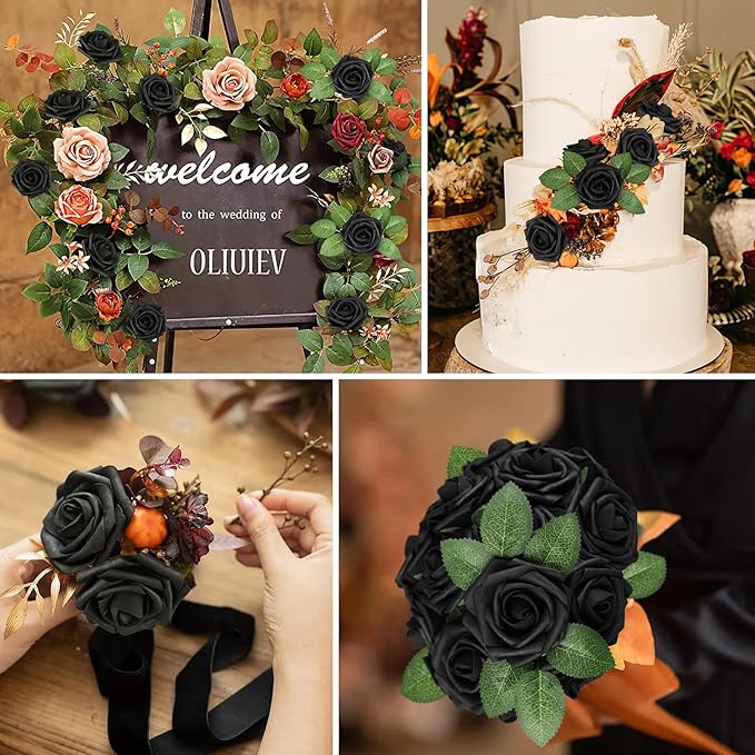 AmyHomie Artificial Flowers Black Rose 25pcs Real Looking Fake Roses w/Stem for DIY Wedding Bouquets Centerpieces Arrangements Party Baby Shower Home Decorations