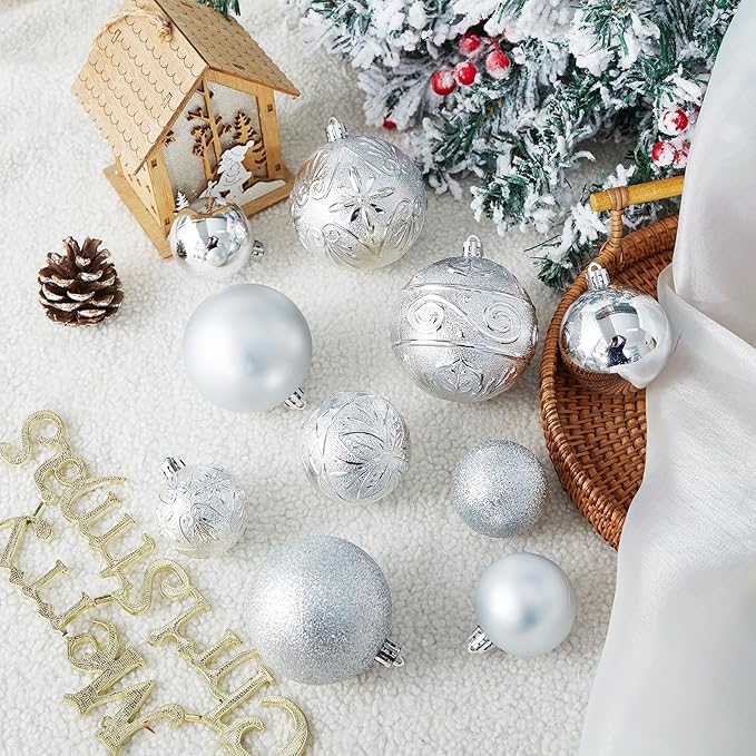 Wironlst Christmas Ball Ornaments - 30pcs Shatterproof Plastic Christmas Ornaments Hanging Ball Decorations for Xmas Tree, Holiday, Wedding, Party (Multi-Size, Silver)