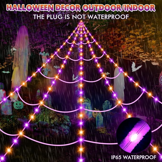 Halloween Decorations Spider Web: Halloween Spider Web Light 250 Purple & Orange LED Lights 59" Giant Spiders Scary Halloweens Decorations Outdoor Indoor for Party Garden Yard Home Haunted House Decor