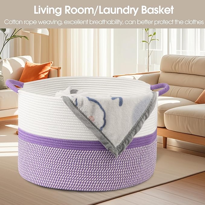 Laundry Basket,20''x13''Large Woven Cotton Rope Storage Basket,Nursery Laundry Hamper,Blanket Basket for Living Room;Kids hamper,Multi-Purpose Organizer for Laundry,Toys(White and Purple)