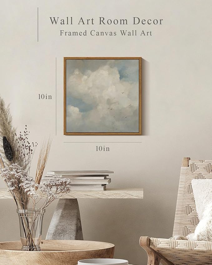 InSimSea Square Framed Canvas Wall Art, Home Decor Classical Oil Paintings Sky Cloud Bird Canvas Prints, Vintage Landscape Wall Art for Bedroom Living Room Bathroom Home Office Decor 10"x10"