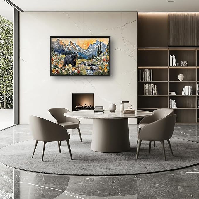 Extra Large Framed Abstract Black Bear Mountain Wall Art,Colorful Wildflower Forest Landscape Wall Decor Pictures for Living Room,Canvas Print Painting Modern Artwork Bedroom Office Bathroom 36L x24W