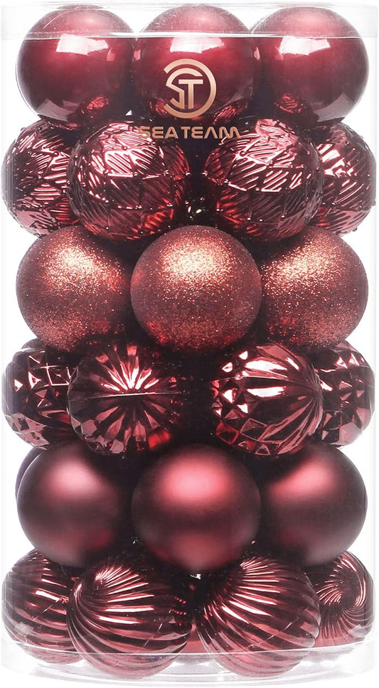 Sea Team 41-Pack Christmas Ball Ornaments with Strings, 60mm/2.36-Inch Small Size Baubles, Shatterproof Plastic Christmas Bulbs, Hanging Decorations for Xmas Tree, Holiday, Wedding, Party, Burgundy