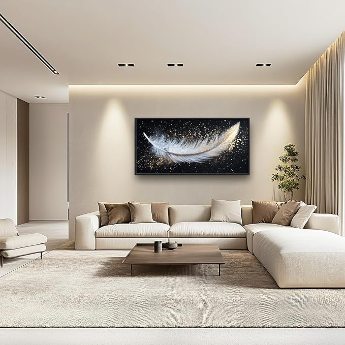 Flintis Large Feather Framed Wall Art White and Gold Feather Pictures Wall Decor Abstract Modern Canvas Painting Print Artworks Decor Framed for Living Room Bathroom Master Bedroom 60L X 30W