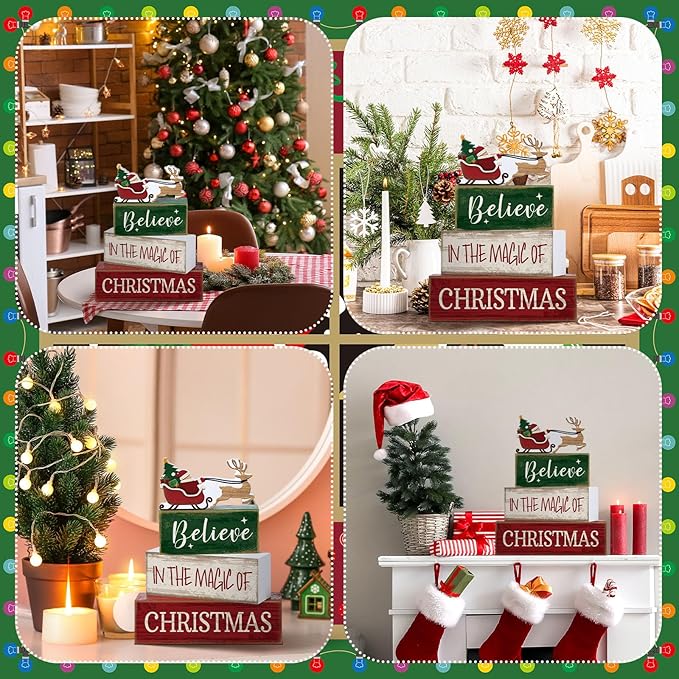 4 Pcs Christmas Table Decoration Wooden Santa Claus Decor Christmas Tiered Tray Decor Decorative Santa Claus Elk Block Sign Gift Farmhouse Xmas Table Centerpiece for Home Kitchen Shelf