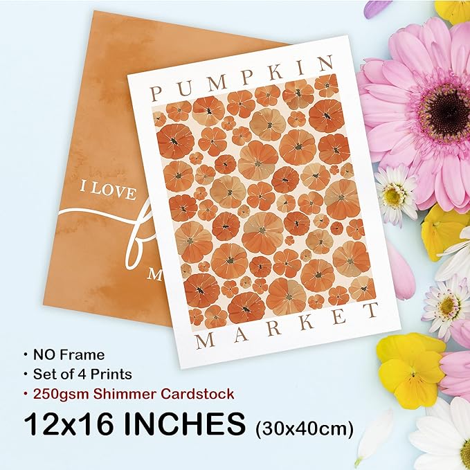 TLESKE Orange Fall Pumpkins Market Posters Prints Unframed Set of 4, Autumn Aesthetic Wall Art Prints for Dorm Bedroom Living Room, I Love Fall Most of All Pictures Wall Decor, 12x16
