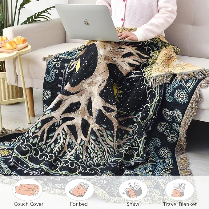 Boho Throw Blanket Reversible Cotton Bohemian Tapestry Hippie Room Decor Outdoor Blanket Double Sided (Boho Tree 50"x60")