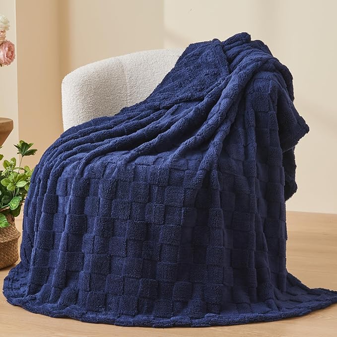 NEWCOSPLAY Super Soft Throw Blanket Dark Navy Premium Silky Flannel Fleece 3D Checkered Lightweight Bed Blanket All Season Use (Dark Navy Checkered, Throw(50"x70"))