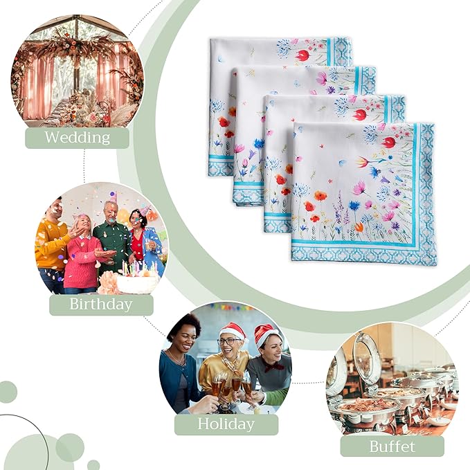 Maison d' Hermine Cloth Napkins Set of 4 100% Cotton Everyday Reusable Square Napkins Cloth Washable, Dinner, Party, Wedding, Restaurant, Spring/Summer (Flower in The Field, 20" x 20")