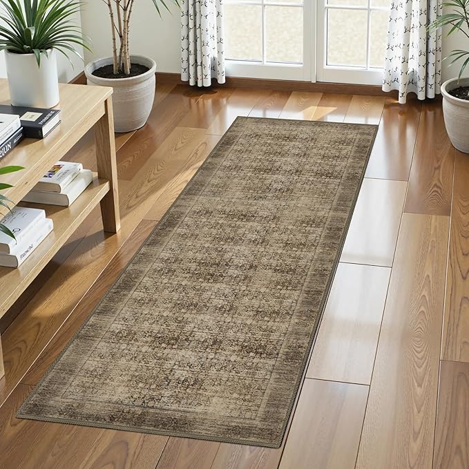 Washable Area Rug 2'6'' x 8' Vintage Traditional Persian Mat - Foldable Distressed Non-Slip Machine Washable Carpet for Living Room Bedroom Kitchen Home Decor - Mocha and Taupe