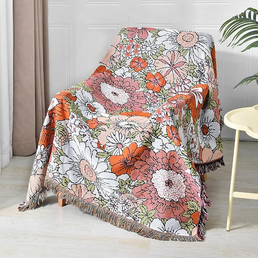 Boho Throw Blanket Reversible Cotton Bohemian Tapestry Hippie Room Decor Outdoor Blanket Double Sided (Boho Flower 50"x60")