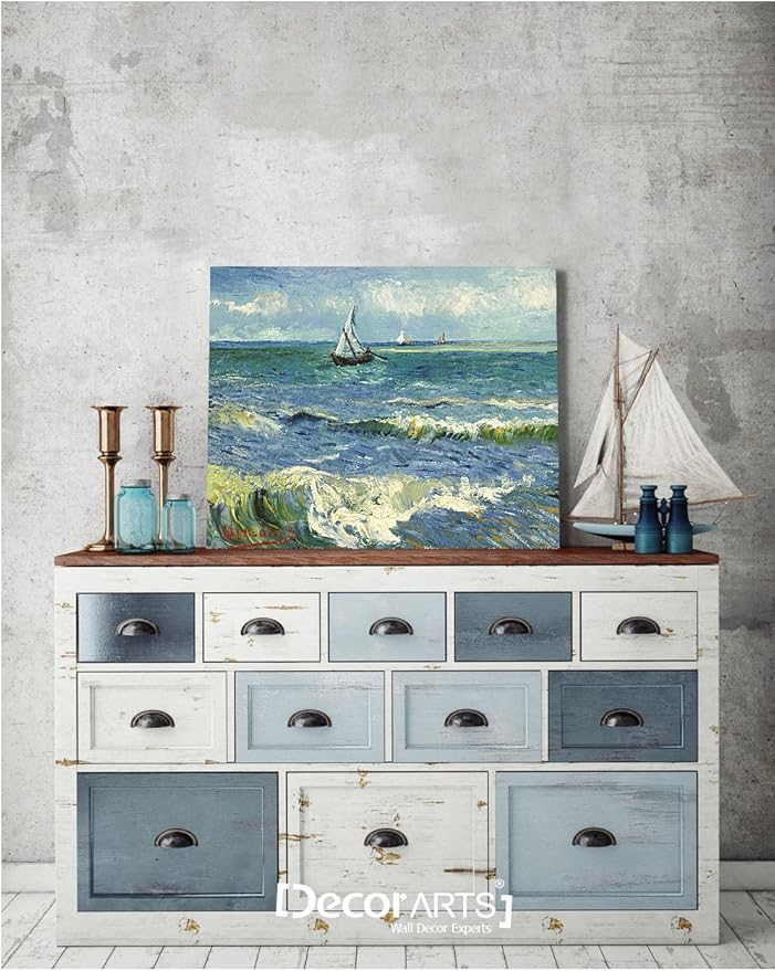 DECORARTS - The Sea at Les Saintes-Maries-de-la-Mer, Vincent Van Gogh Art Reproduction. giclee print canvas art for wall decor 20x16