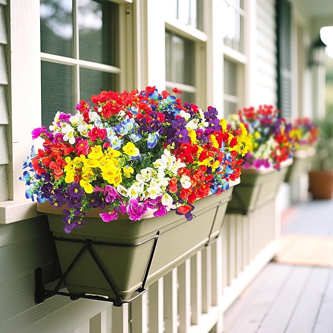 16 Bundles Artificial Silk Flowers Outdoor UV Resistant, Realistic Faux Plants for Spring Wedding Home Decor - Hanging Box Planter Garden Porch Patio Yard Decoration