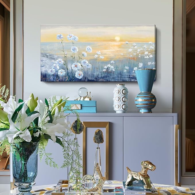 Blue Ocean Sunset Canvas Wall Art for Living Room Abstract Seascape Painting Coastal Beach Wildflowers Picture Natural Sea Landscape Print Sunrise With Yellow Orange Sky Seaside Artwork 20x40inch