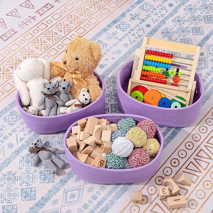 CubesLand Sturdy Woven Rope Storage Baskets, Purple, 2 Packs, 12" x 8" x 5.11"