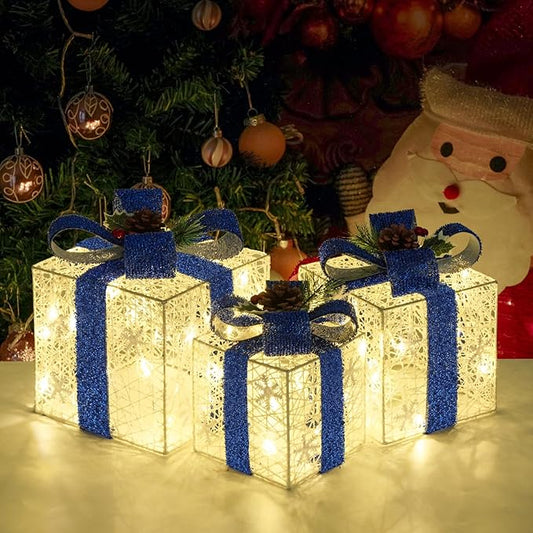 Christmas Decorations, Set of 3 Christmas Lighted Gift Boxes, Battery Operated Xmas Present Boxes, Warm White LED with Bows for Indoor Christmas Tree, Yard, Home Decor （Blue Bow）