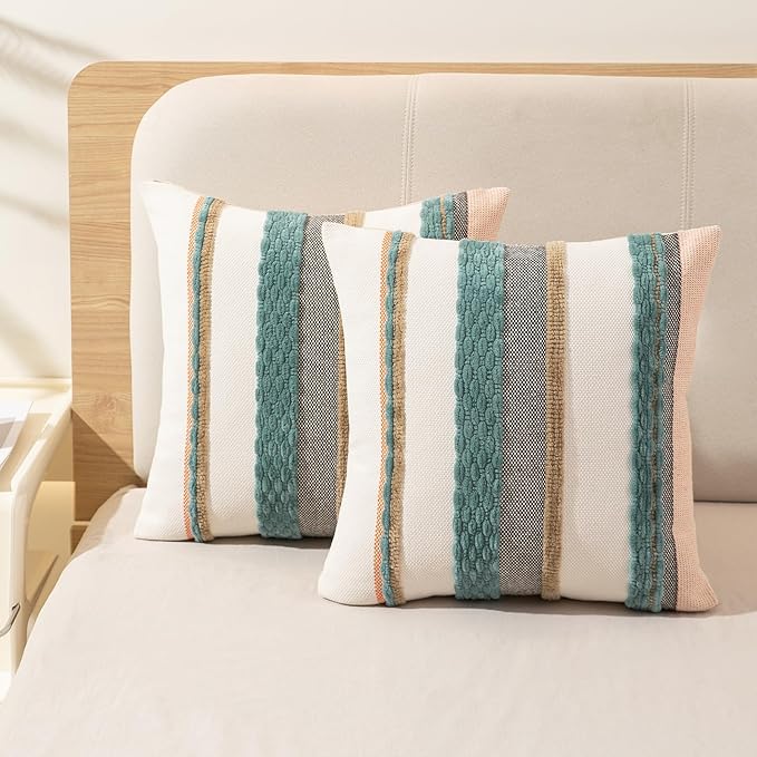 Boho Throw Pillow Covers 18x18 Set of 2 Farmhouse Decorative Cushion Case Striped Square Pillows Cover Chenille Pillow Cases Accent Neutral Pillowcase for Sofa Couch Bed,Blue