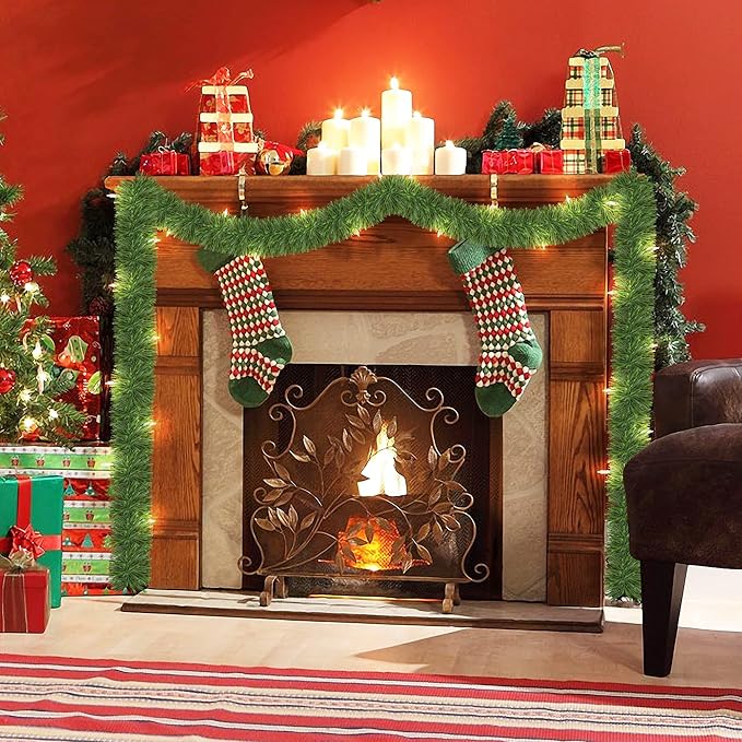 WATERGLIDE 49FT Lighted Christmas Green Garland with 100 Count Clear String Lights, Pre-lit Long Artificial Greenery Garlands, Plug in Holiday Decorative Lights for Indoor Outdoor Decor