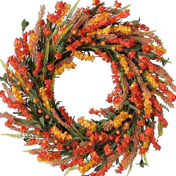 22 Inch Fall Flower Wreath for Front Door, Autumn Yellow Orange Forsythia Flower Indoor Outdoor Wreath with Berries Foam Leaves