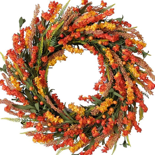 22 Inch Fall Flower Wreath for Front Door, Autumn Yellow Orange Forsythia Flower Indoor Outdoor Wreath with Berries Foam Leaves