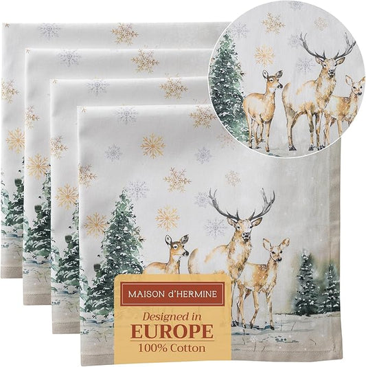 Maison d' Hermine Cloth Napkins Set of 4 100% Cotton Everyday Reusable Square Napkins Cloth Washable, Dinner, Party, Wedding, Restaurant (Deer in The Woods, 20" x 20")
