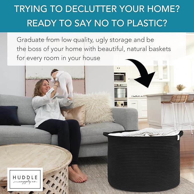 XXXXL WASHABLE Large Black Basket Blanket Basket Living Room 2PCs Toy Baskets Storage Kids Woven Rope XXX Extra Large Basket for Blankets,Pillows,Throws,Laundry + Small Basket | BIG Basket Blanket