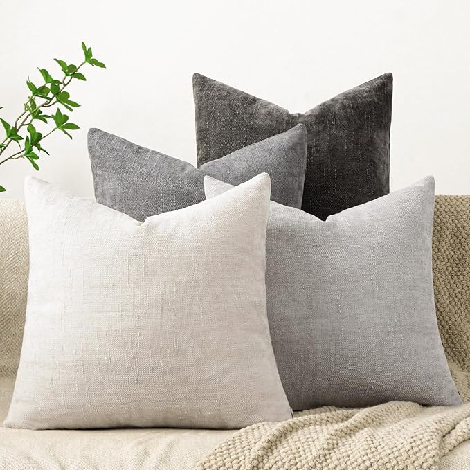 Set of 4 Soft Textured Decorative Throw Pillow Covers 24x24 Inch Cozy Farmhouse Cushion Cover Square Accent Pillow Cases for Bed Couch Sofa Living Room, Grey Series