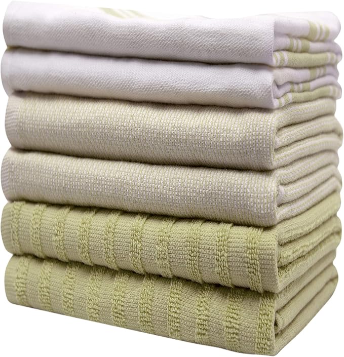 Premium Kitchen Towels (20”x 28”, 6 Pack) | Large Kitchen Hand Towels | Kitchen Towels Cotton | Flat & Terry Towel | Highly Absorbent Tea Towels Set with Hanging Loop | Wide Stripe Sage Green