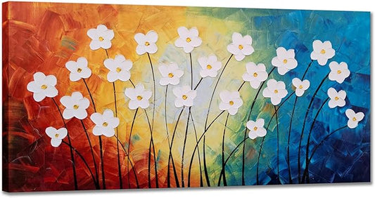 Yihui Arts Flower Pictures Wall Decor Hand Painted 3D Light Blue Yellow Red and White Canvas Oil Paintings Modern Big Horizontal Artwork for Living Room Bedroom Nursery Decoration