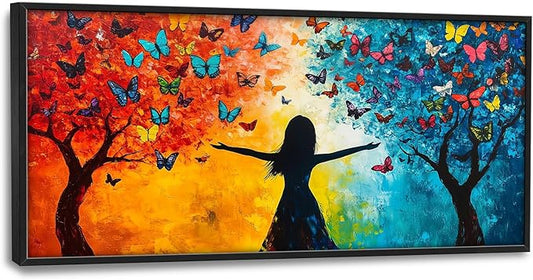 Framed Large Wall Art for Living Room, Colorful Butterfly Tree Canvas Wall Decor, Large Picture Framed Painting, Modern Artwork for Bedroom Office Home Decor 60L'' × 30W''