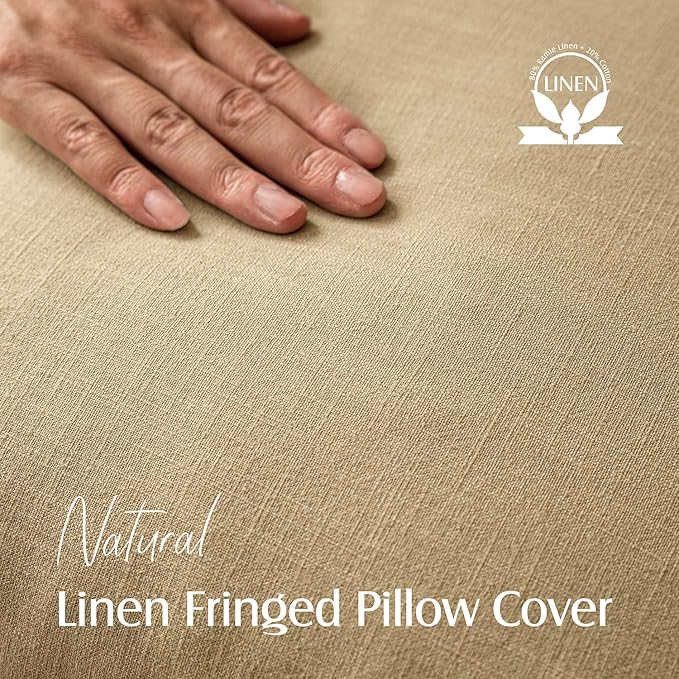 Foindtower Set of 2 Decorative Linen Fringe Throw Pillow Covers Farmhouse Cushion Cover with Tassels Soft Accent Pillowcase for Couch Chair Sofa Bed Living Room Home Decor,18×18 Inch,Light Khaki Taupe