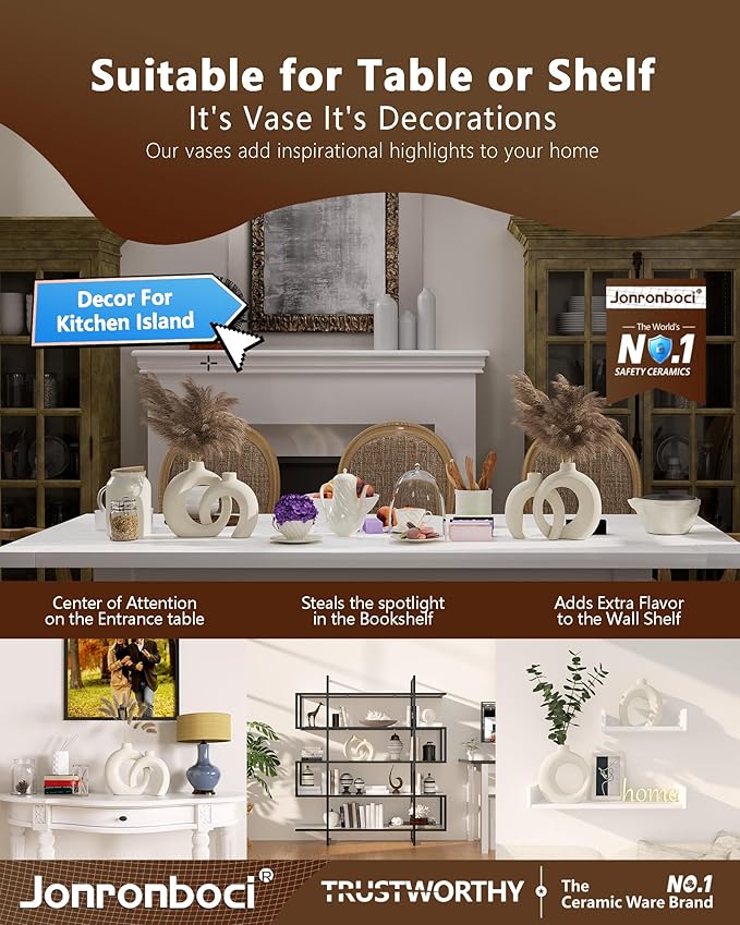 Beige Donut Vases for Decor, Set of 2 Modern Boho Decorative Ceramic Vase 7.2”x 8.9”H - Dining & Coffee Table Centerpiece - Bookshelf Entryway Console Fireplace Mantle Decorations (Matte Cream White)