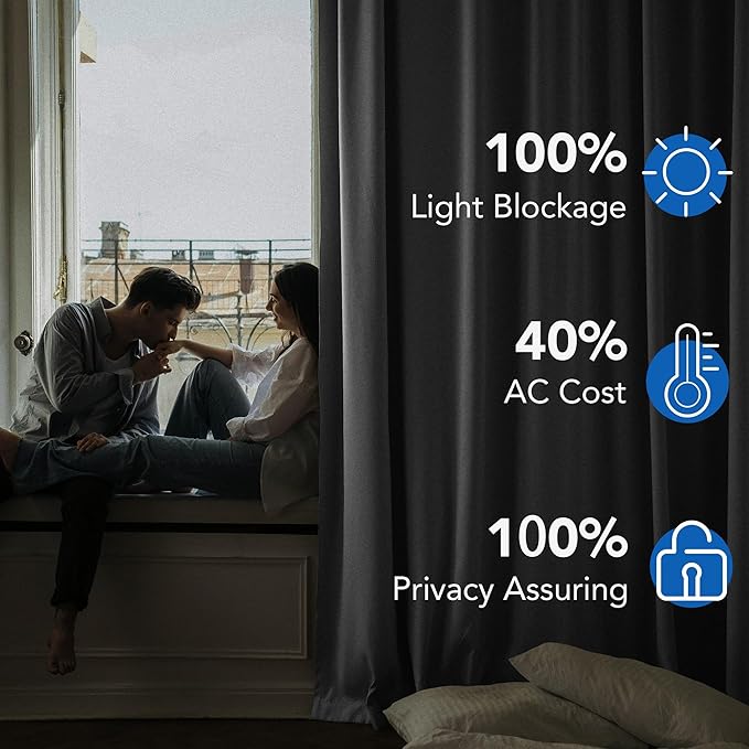 Beauoop Grey 100% Blackout Curtains 96 Inch Long 2 Panels for Bedroom Living Room Solid Room Darkening Thermal Insulated Soundproof Energy Saving Grommet Top Window Treatment Drapes,52x96 2 Set